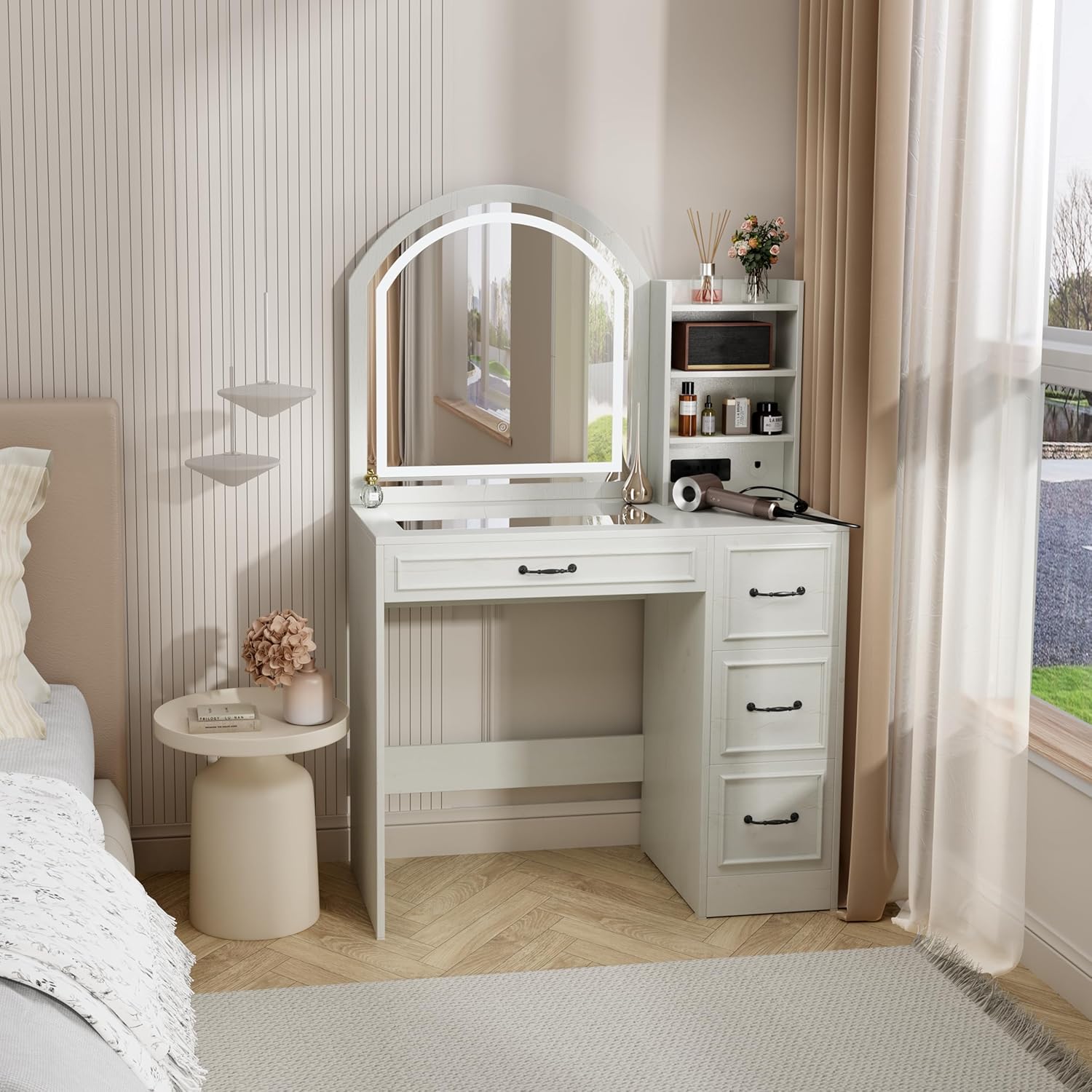 Home Outlet Bathroom Mirrors - Moderner Schminktisch mit beleuchtetem Spiegel, Glasplatte,