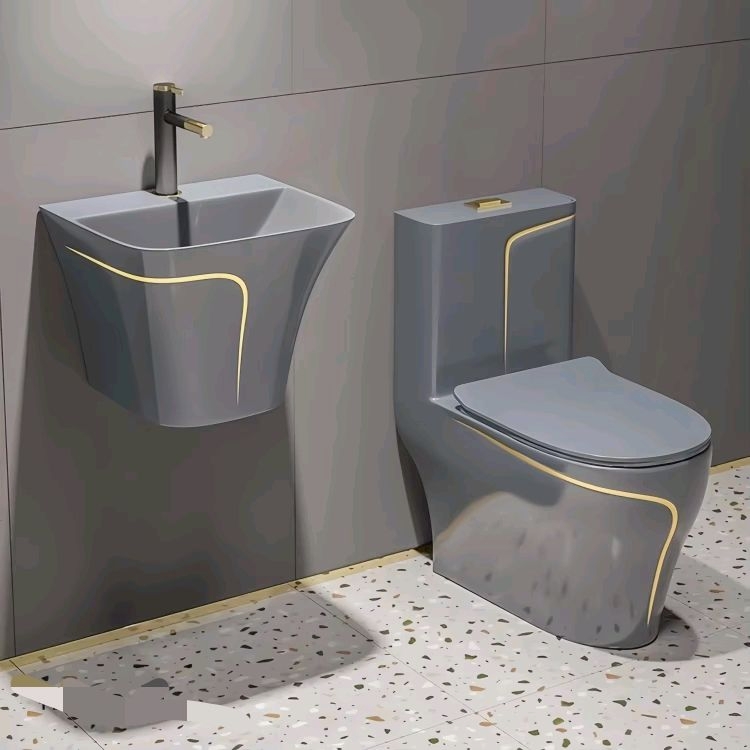 Home One Bathroom Accessories - Modernes Dual-Flush-Einteiler-Keramik-Siphon-WC-Set, bodenmontierte Schüssel, schwarz, farbenfrohes