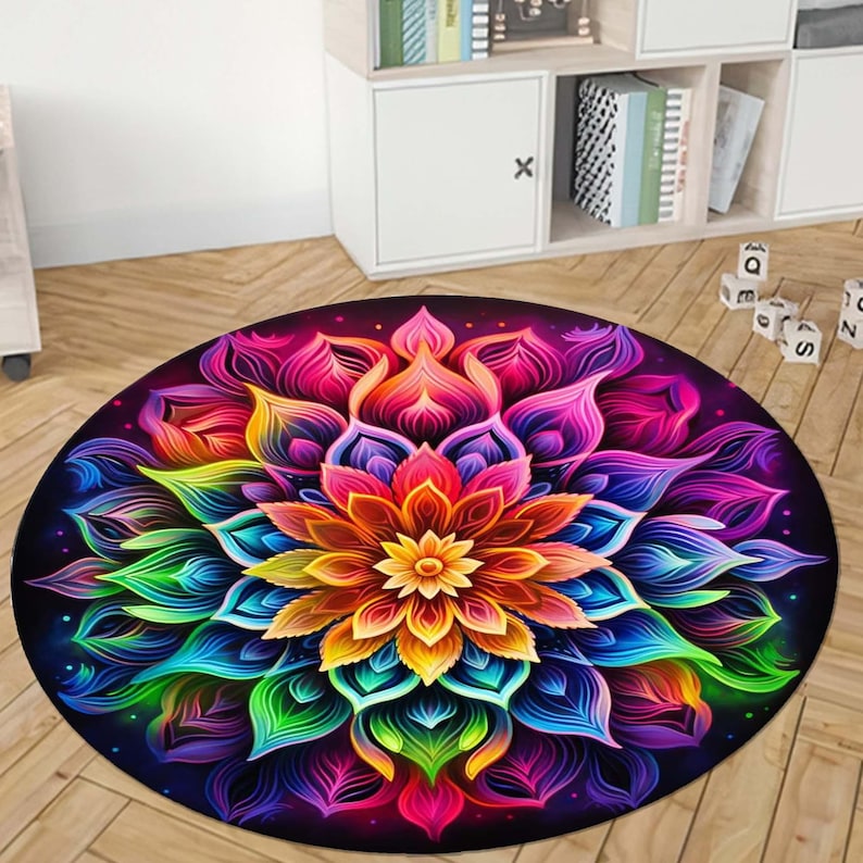 Home Bathroom Door Design - Runder Teppich mit Regenbogen-Mandala-Motiv, Blume des