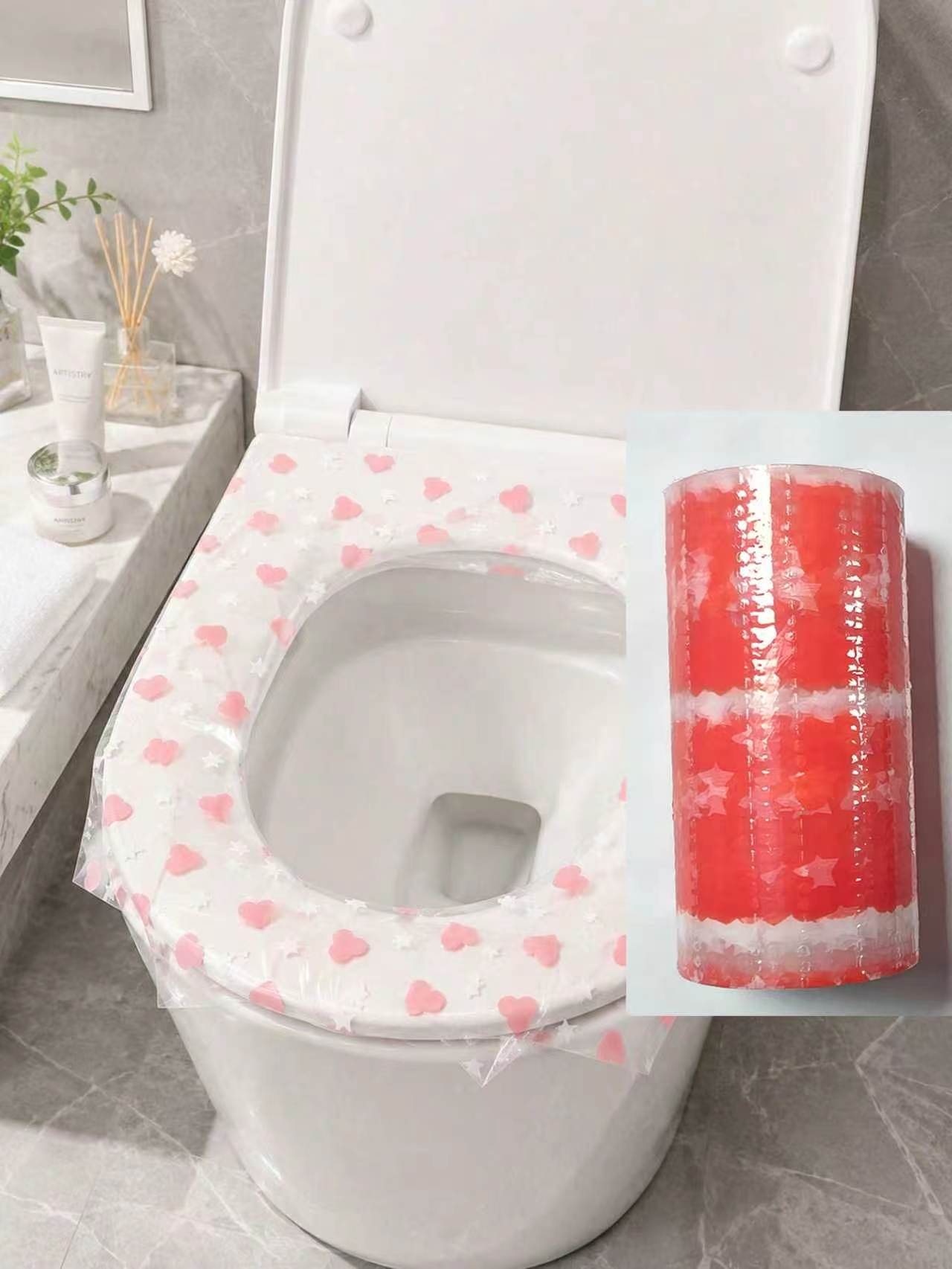 Home Creation Bathroom - 133 Stück/Rolle Einweg-Toilettensitzbezüge, wasserdichte Toilettensitz-Schutzfolie, Herzmuster