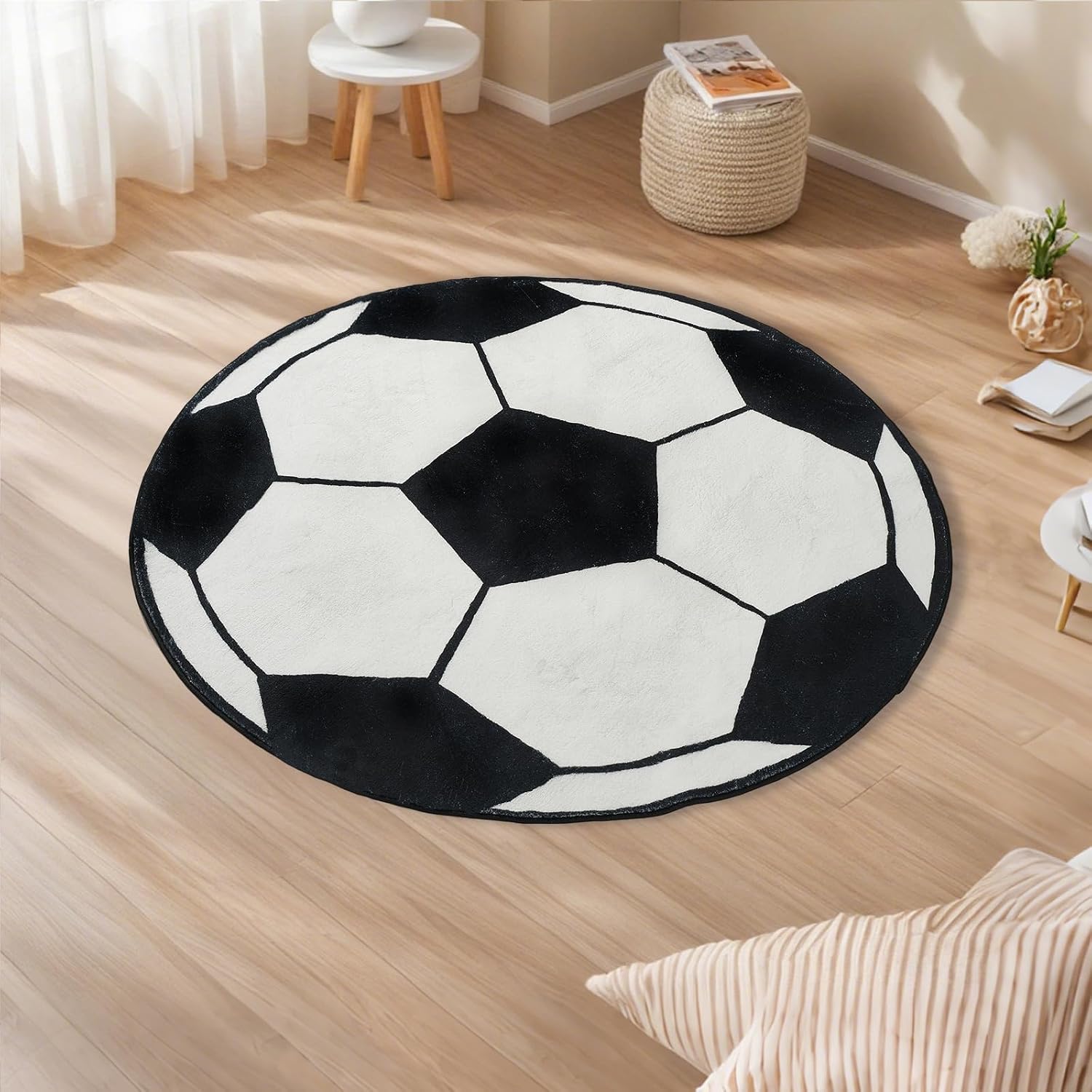 Home Bathroom Door Design - Plüschiger Runder Fußball-Design-Teppich, Schwarz-Weißes Fußballmuster, Matte